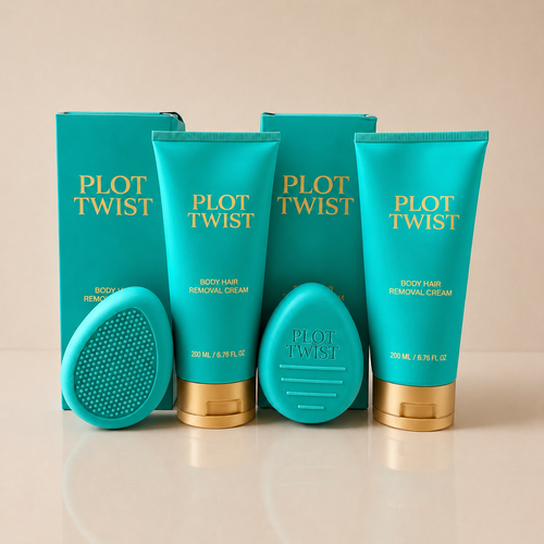 Two Plot Twist Body Hair Removal Cream boxes and tubes with reusable silicone Pebble removers