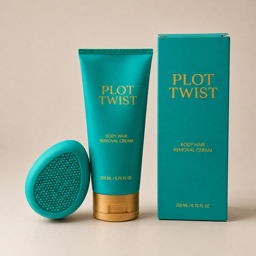 Plot Twist Body Hair Removal Cream with teal box and reusable silicone Pebble remover